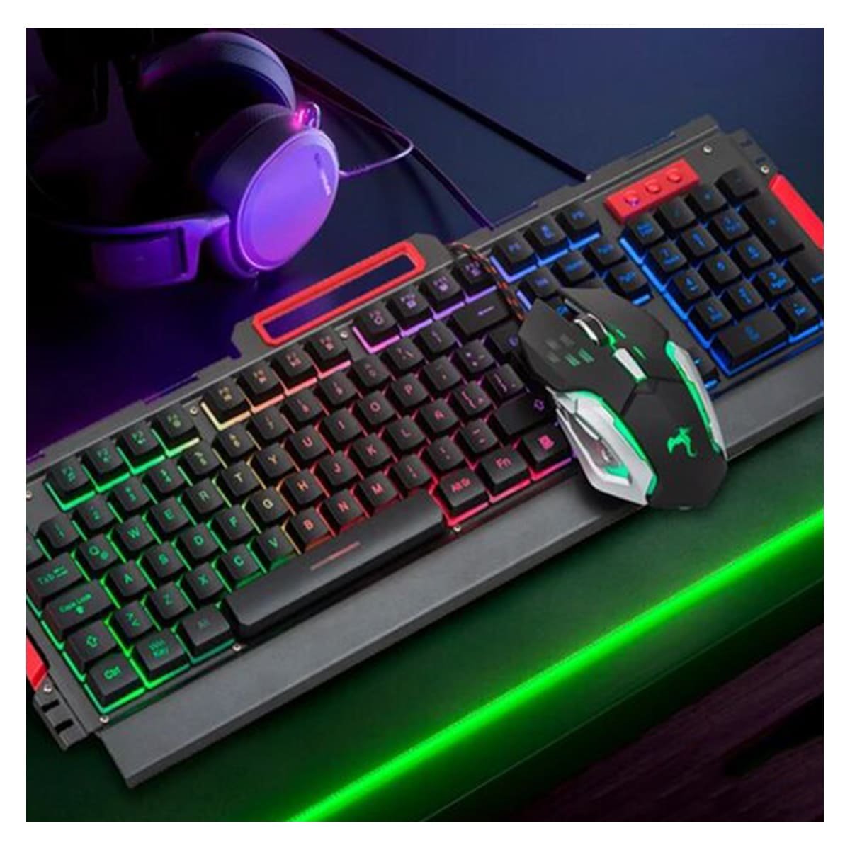 TECLADO ERGONOMICO GAMER CON MOUSE LUZ LED RGB COLOR NEGRO PARA COMPUTADORA Y+POST IT - 4
