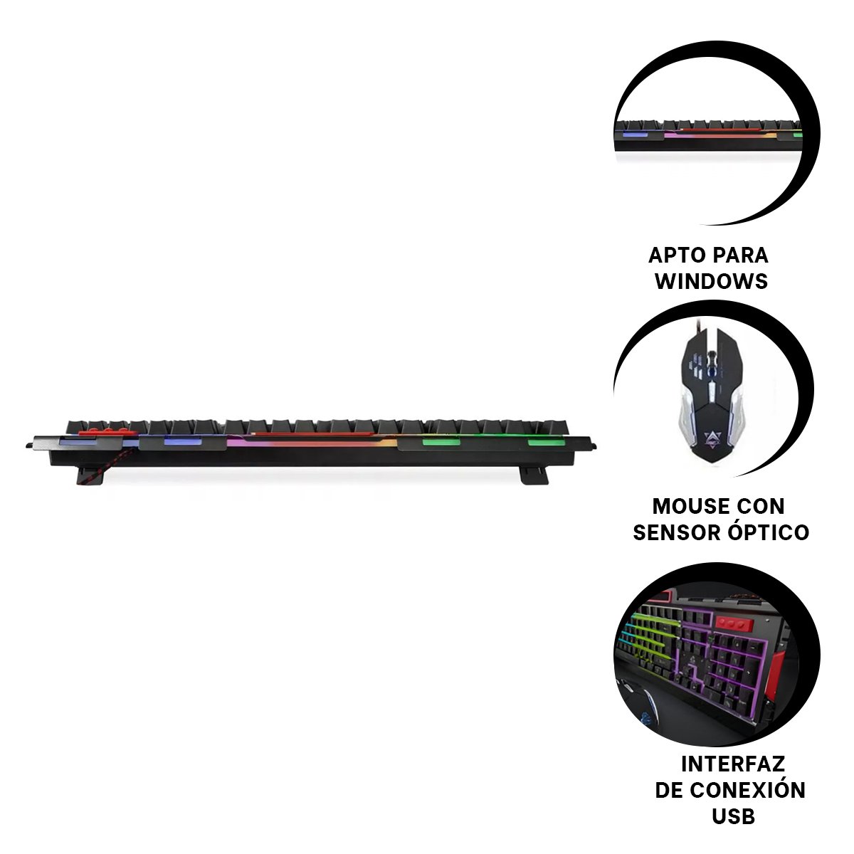 TECLADO ERGONOMICO GAMER CON MOUSE LUZ LED RGB COLOR NEGRO PARA COMPUTADORA Y+POST IT - 5