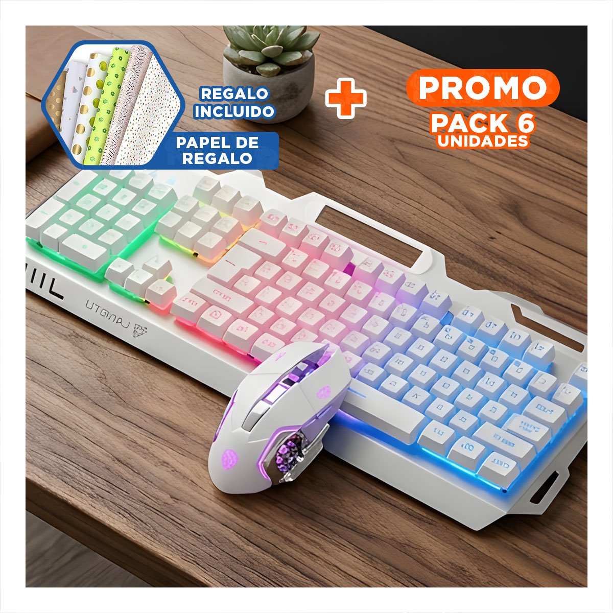 PACK4 CONTROL MULTIUSO GAMER CON MOUSE LUZ LED RGB COLOR BLANCO PARA PC Y+PAPEL REGALO - 1