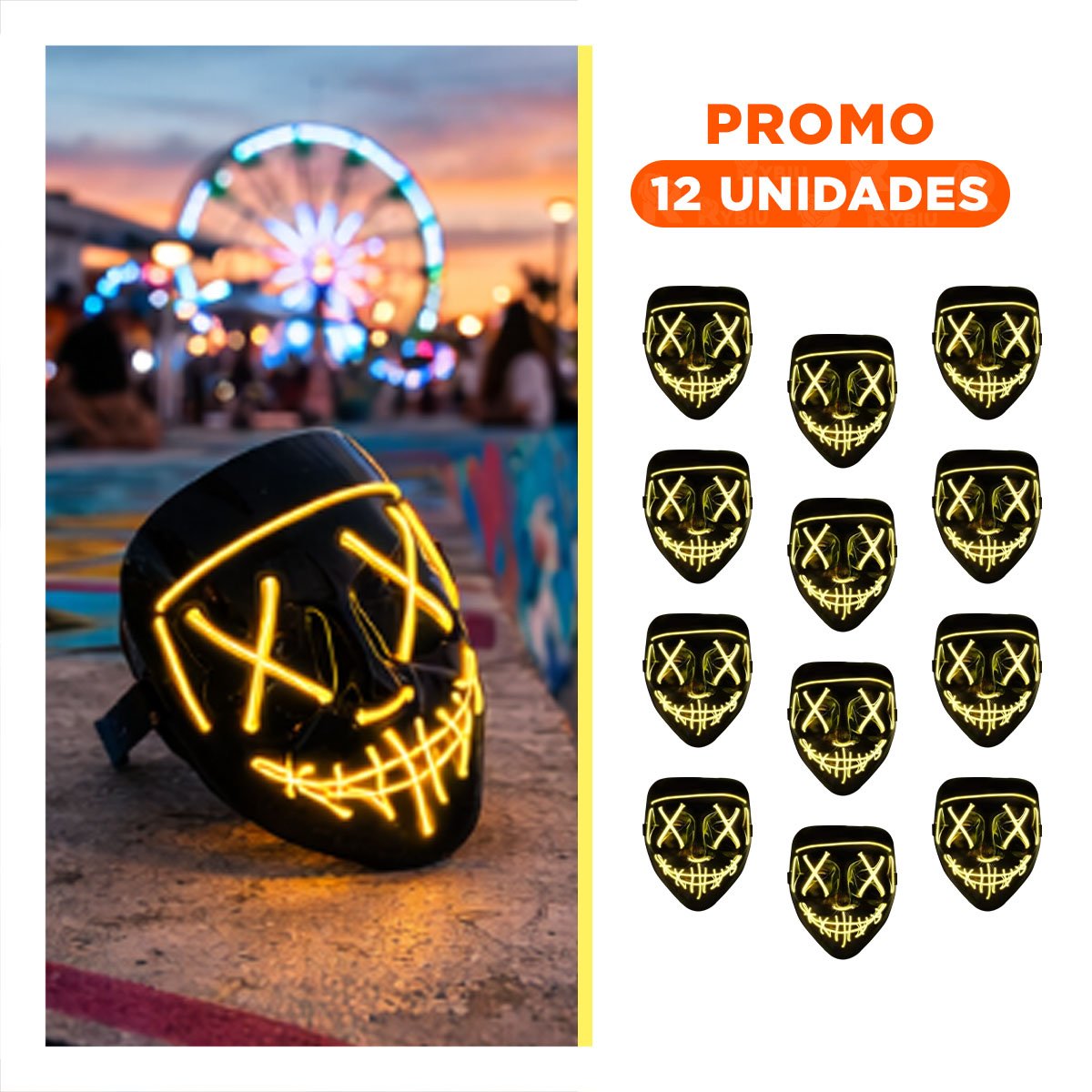 PACK12 ROSTRO FIESTA AMARILLO CON ILUMINACION LED NEON Y+REGALO STICKER - 1