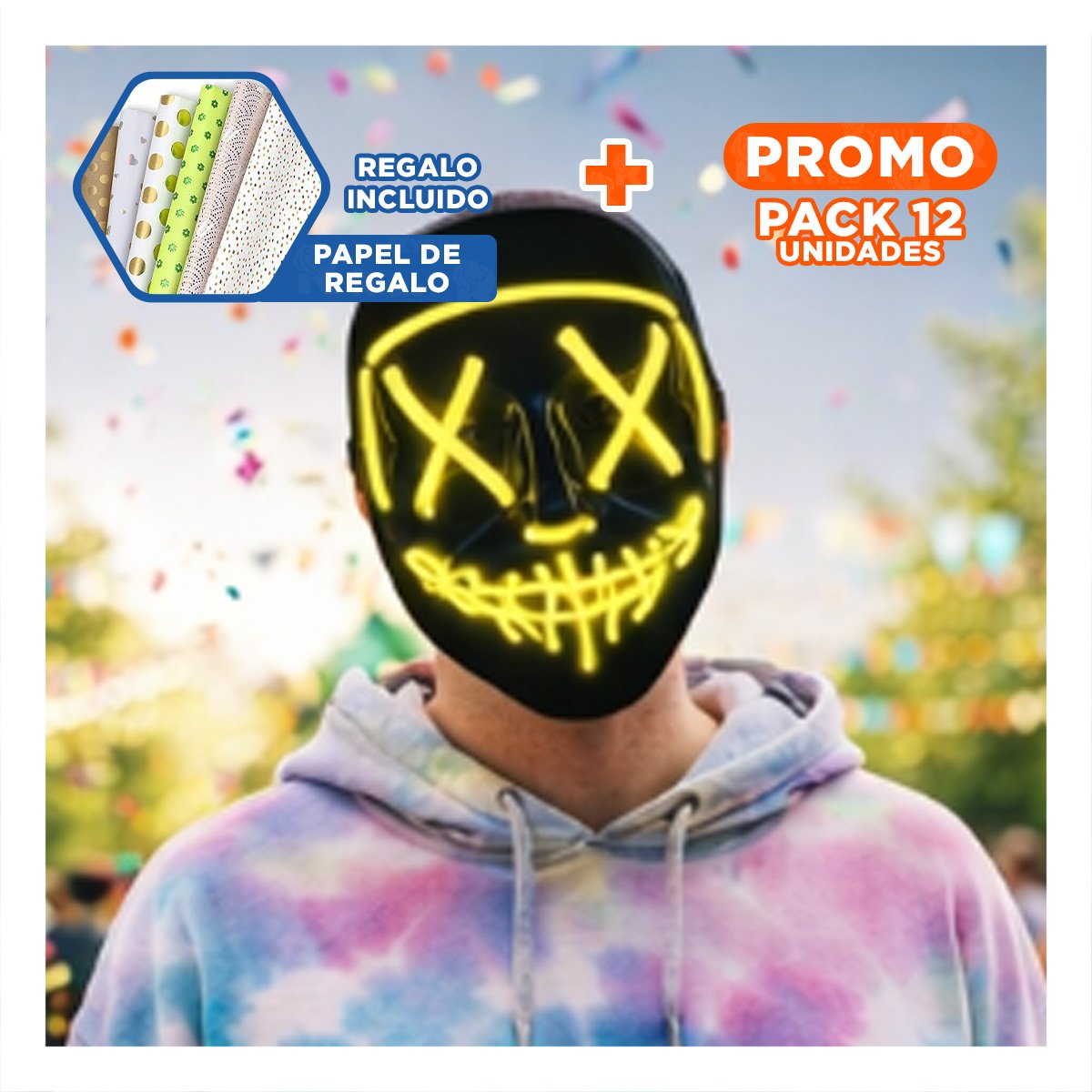 PACK12 ANTIFAZ FIESTA AMARILLO CON ILUMINACION LED NEON Y+PAPEL REGALO - 1