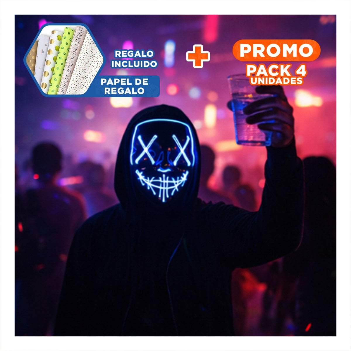 PACK4 CARETA DISFRAZ AZUL CON LUCES LED NEON HALLOWEEN Y+PAPEL REGALO - 1