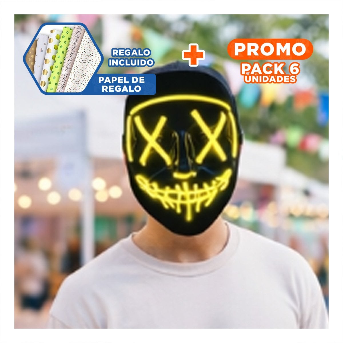 PACK6 CUBIERTA DISFRAZ AMARILLO CON LUCES LED NEON HALLOWEEN Y+PAPEL REGALO - 1