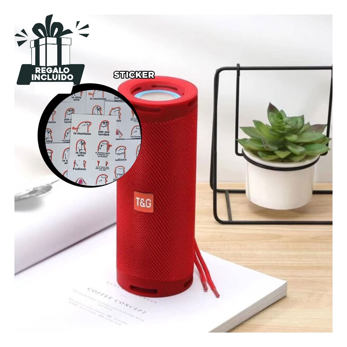 BOCINA PORTATIL COLOR ROJO CON SONIDO ESTEREO Y FUNCIONAMIENTO SENCILLO Y+REGALO STICKER - 1