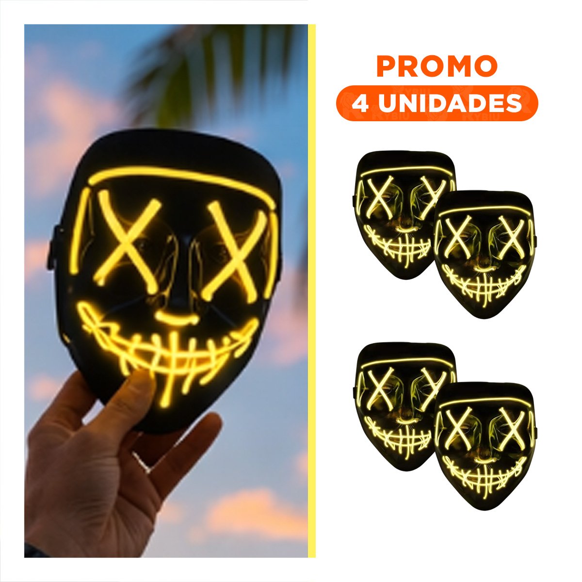 PACK4 ANTIFAZ DISFRAZ AMARILLO CON LUCES LED NEON HALLOWEEN Y+REGALO STICKER - 1