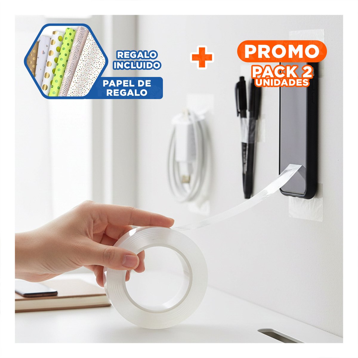 PACK2 PEGAMENTO RESISTENTE DOBLE CONTACTO DE 3 METROS MULTIFUNCIONAL Y+PAPEL REGALO - 1