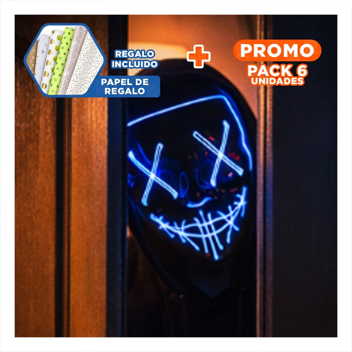 PACK6 CUBIERTA DISFRAZ AZUL CON LUCES LED NEON HALLOWEEN Y+PAPEL REGALO - 1