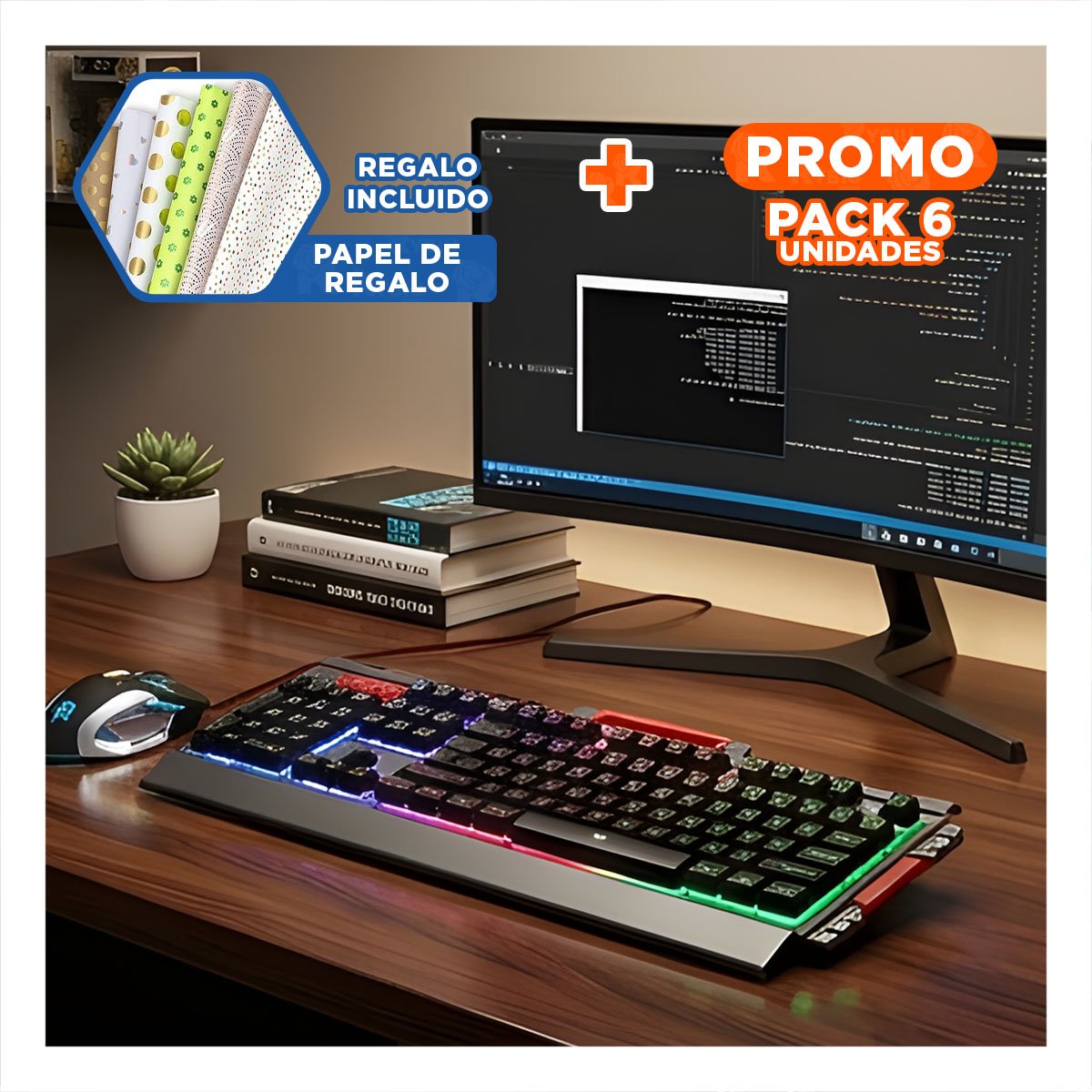 PACK4 CONTROL MULTIUSO GAMER CON MOUSE LUZ LED RGB NEGRO PARA PC Y+PAPEL REGALO - 1