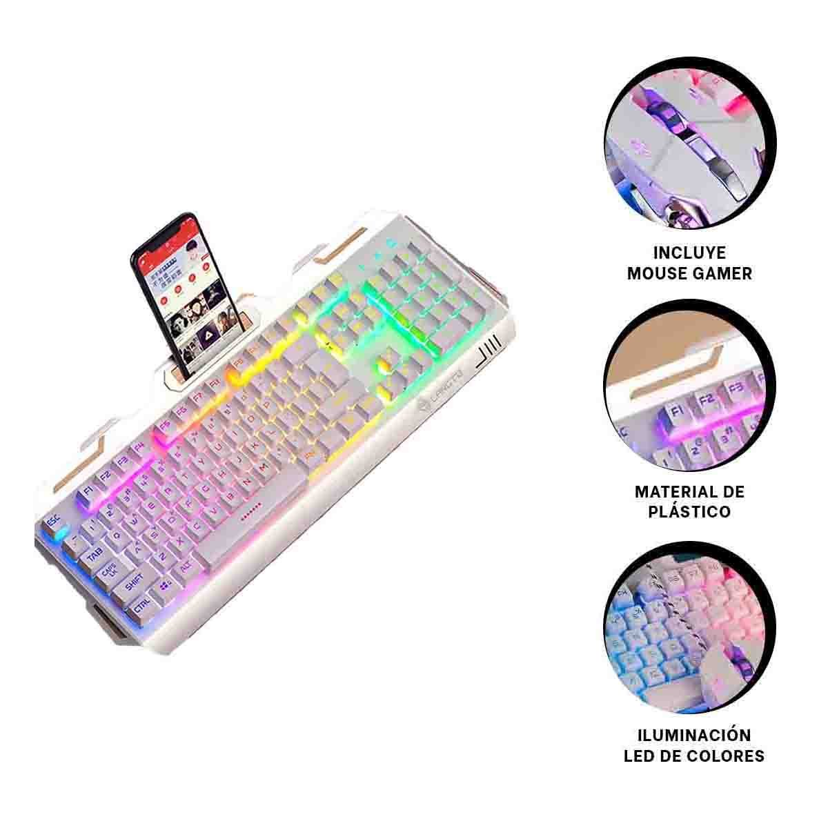 TECLADO ERGONOMICO GAMER CON MOUSE LUZ LED RGB BLANCO PARA COMPUTADORA Y+POST IT - 2