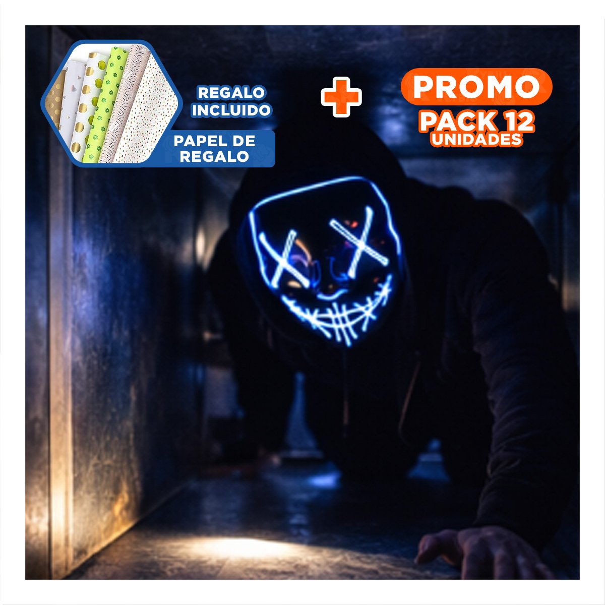 PACK12 ANTIFAZ FIESTA AZUL CON ILUMINACION LED NEON Y+PAPEL REGALO - 1