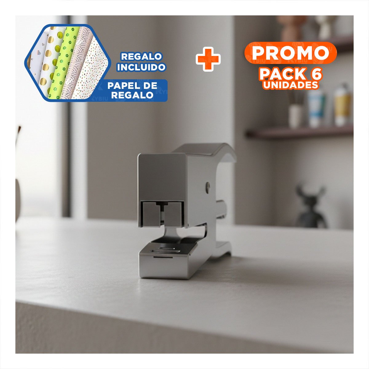 PACK6 OFICINA MINI TIPO ALICATE PLATEADO PARA 15 HOJAS USO DIARIO Y+PAPEL REGALO - 1