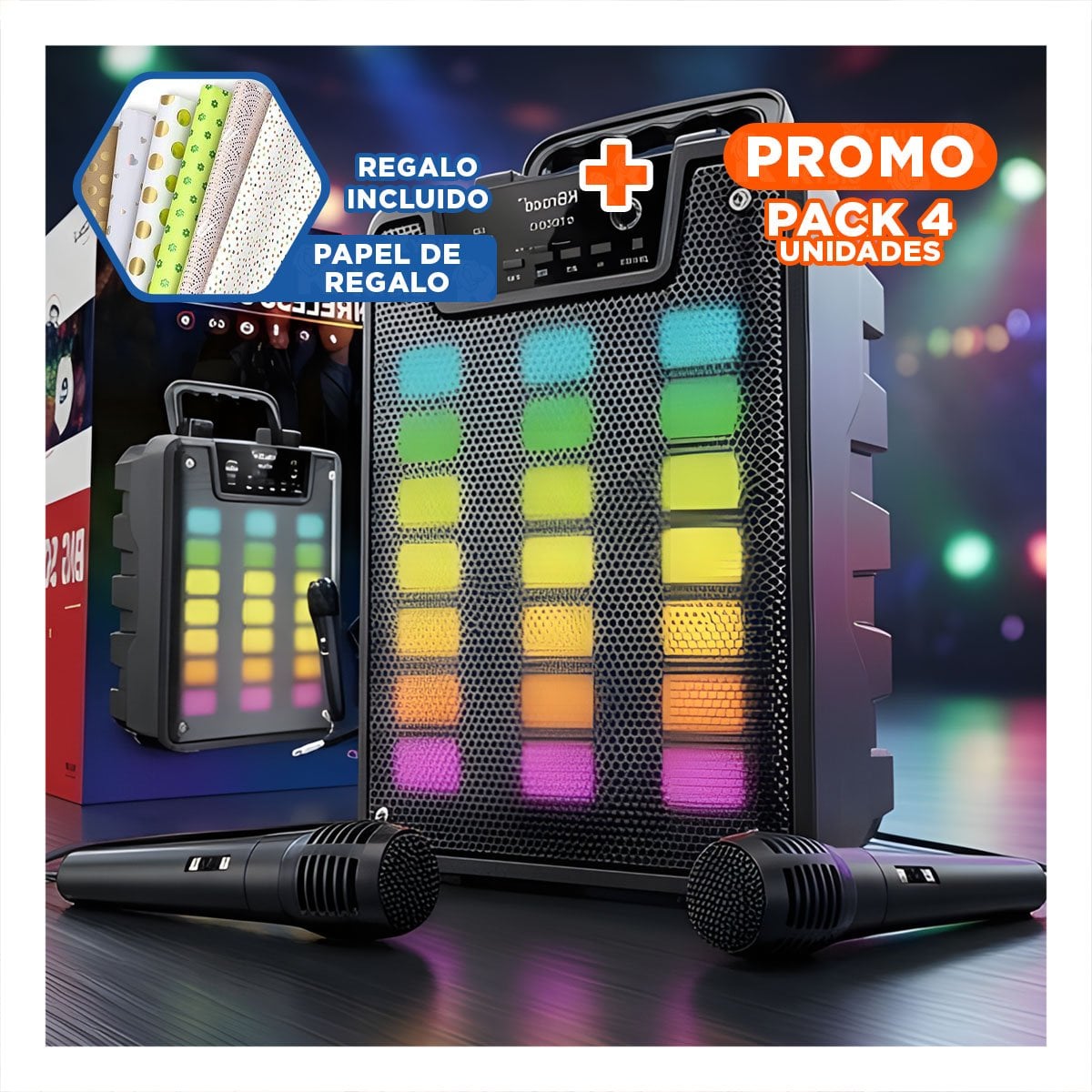 PACK4 ALTAVOZ CON MICROFONO 4 PULGADAS PARA KARAOKE MUSICA EN CASA NEGRO Y+PAPEL REGALO - 1