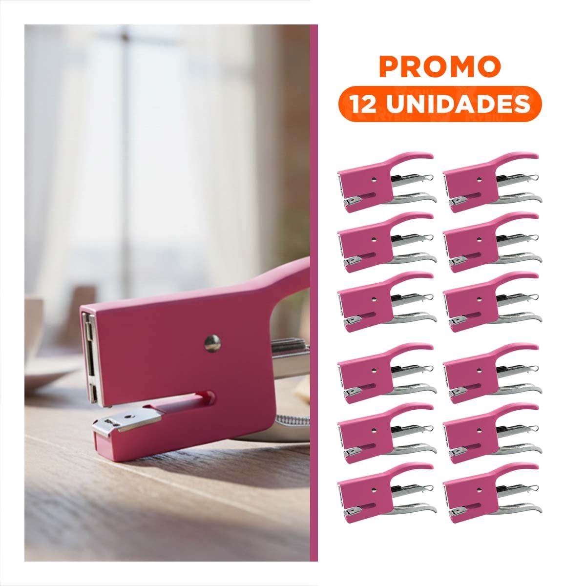 PACK12 MANUAL MINI TIPO ALICATE ROSADO PARA 15 HOJAS OFICINA Y+REGALO STICKER - 1
