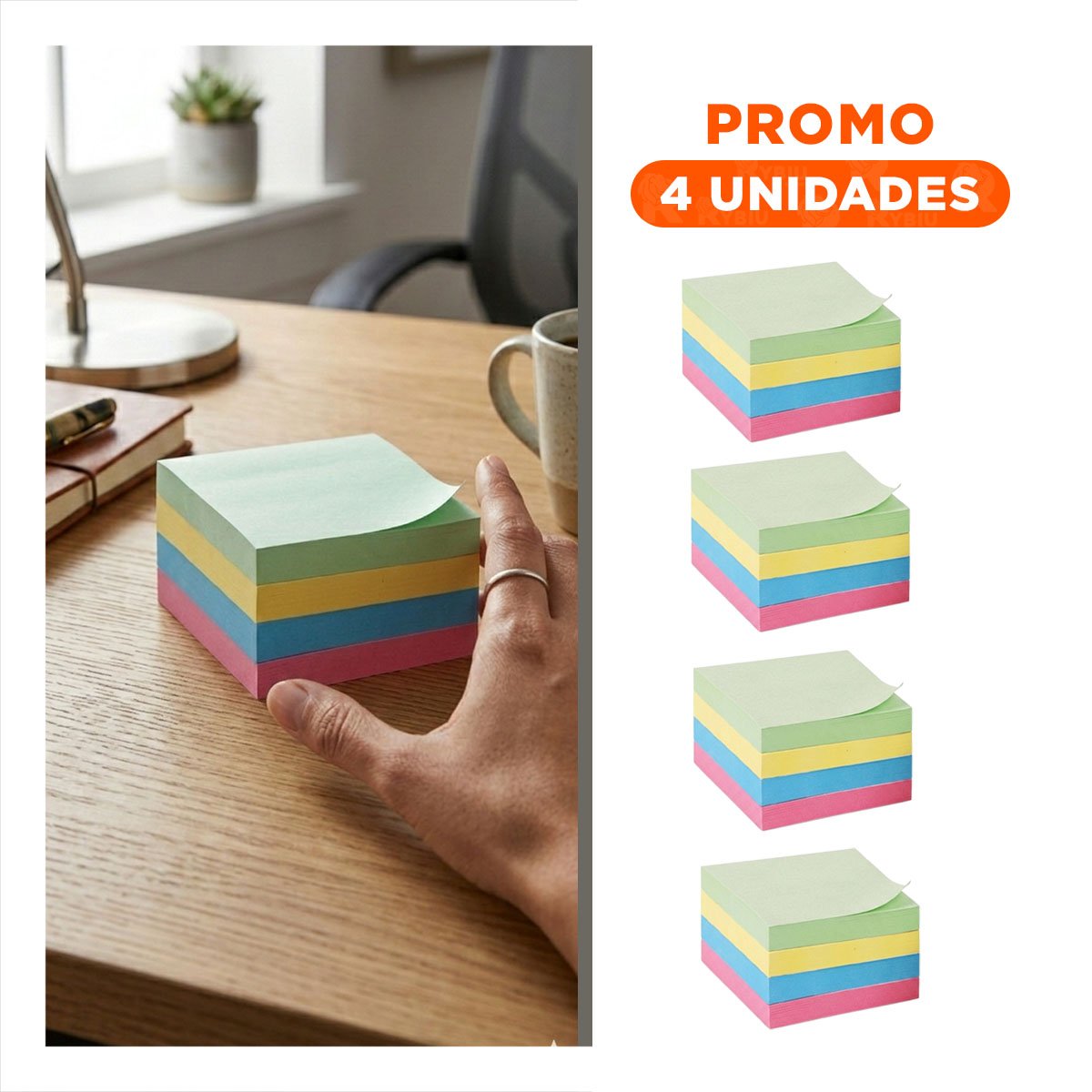 PACK4 PAPELITOS CUADRADOS ADHESIVOS 7,6CM 4 PZS MULTICOLOR Y+REGALO STICKER - 1