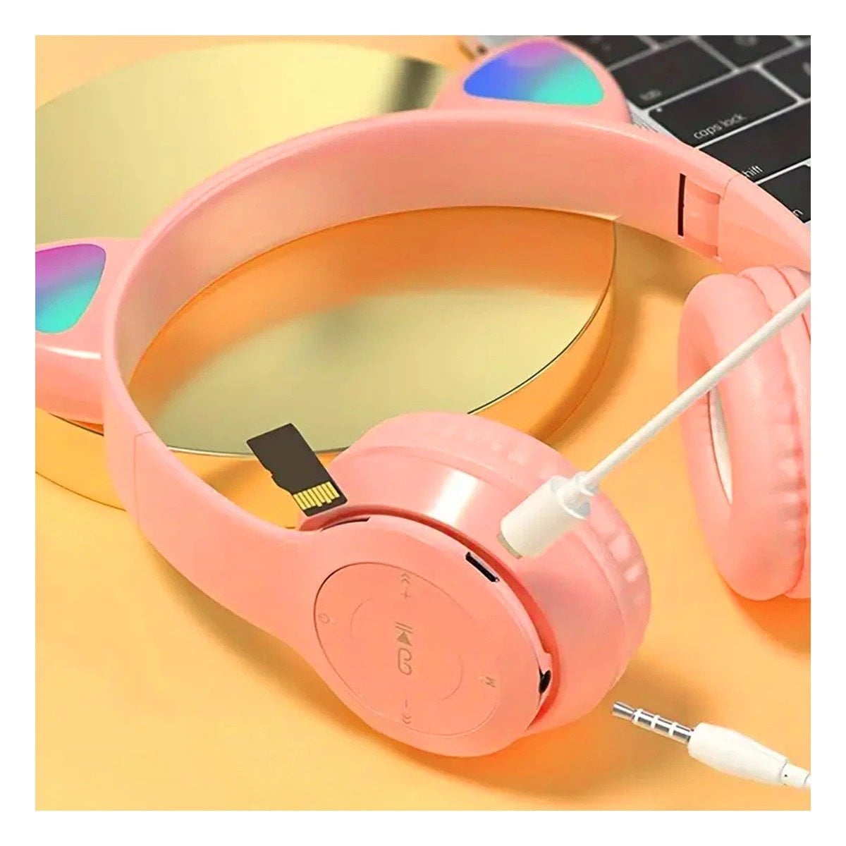 AUDIFONOS TIPO GATO CON LUCES ROSADO PARA OFICINA Y JUEGOS - 3