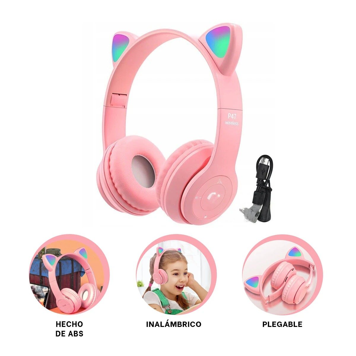 AUDIFONOS TIPO GATO CON LUCES ROSADO PARA OFICINA Y JUEGOS - 5