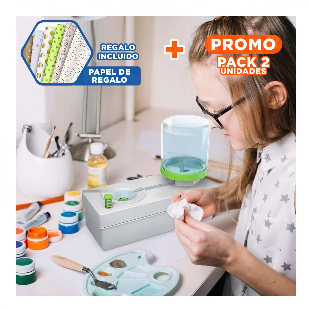 PACK2 ACCESORIO ESCOLAR BLANCO PARA LAVAR PINCEL Y+PAPEL REGALO - 1