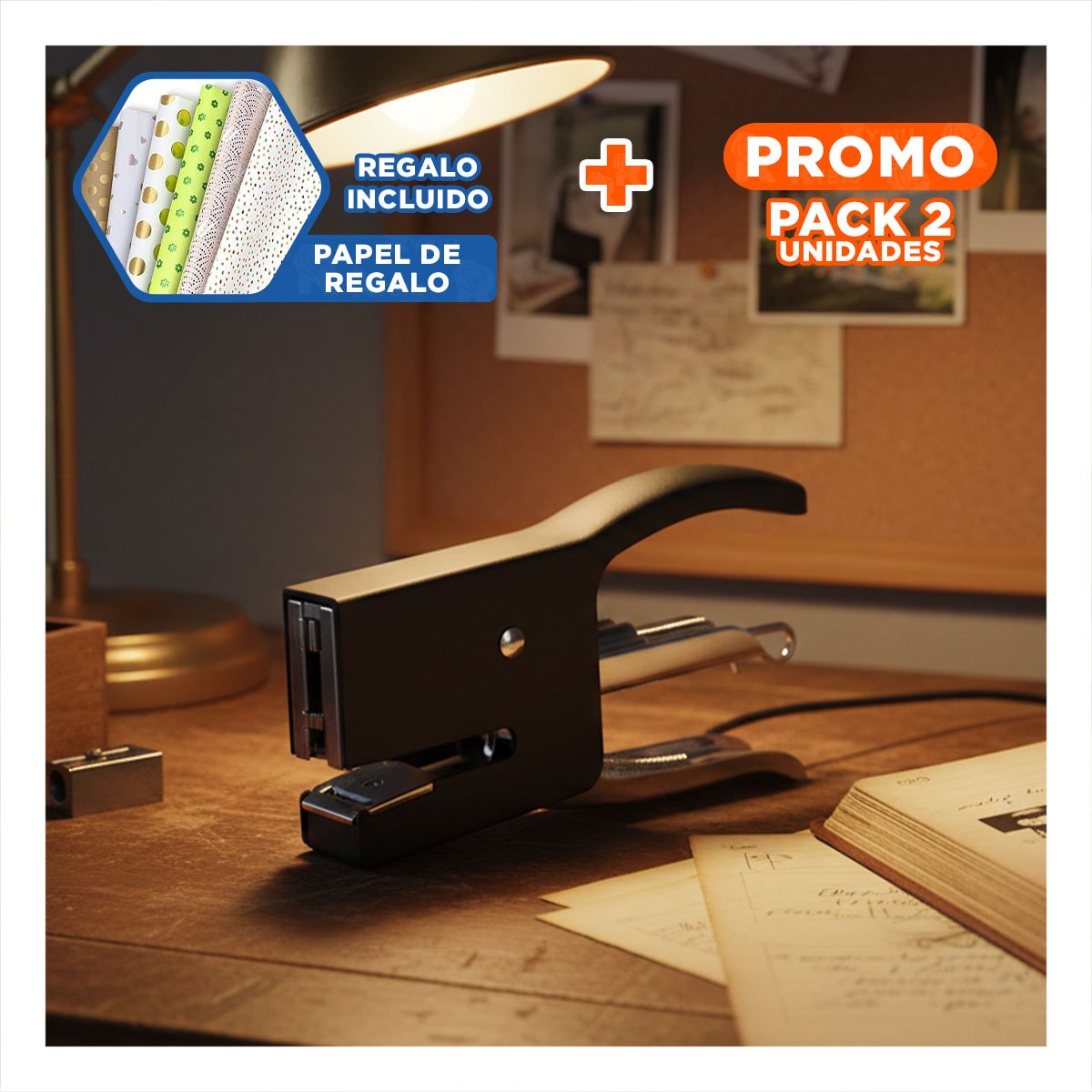 PACK2 PRACTICO MINI TIPO ALICATE NEGRO PARA 15 HOJAS OFICINA Y+PAPEL REGALO - 1