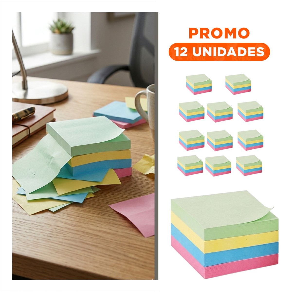 PACK12 NOTAS MULTICOLOR ADHESIVAS CUADRADAS 7,6CM 4 PZS Y+REGALO STICKER - 1