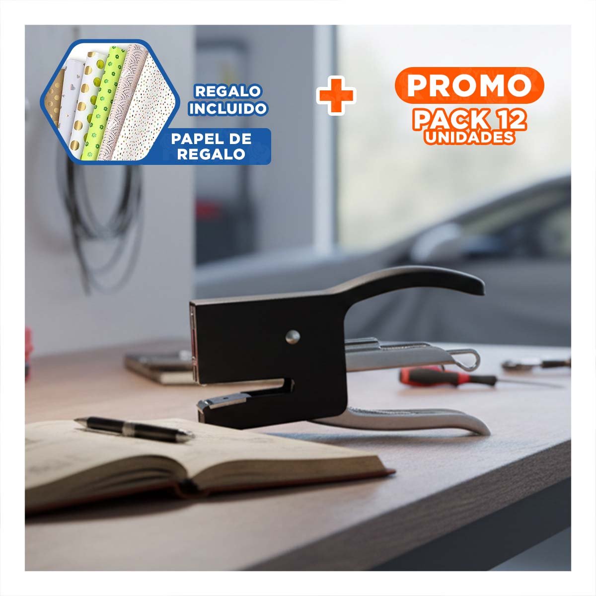 PACK12 ESCRITORIO MINI TIPO ALICATE NEGRO PARA 15 HOJAS TRABAJO Y+PAPEL REGALO - 1