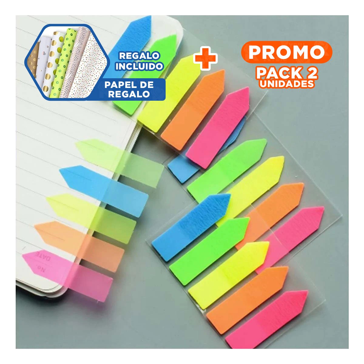 PACK2 RECORDATORIOS POST IT ADHESIVOS 5 PIEZAS MULTICOLOR TRANSPARENTE FLECHA Y+PAPEL REGALO - 1
