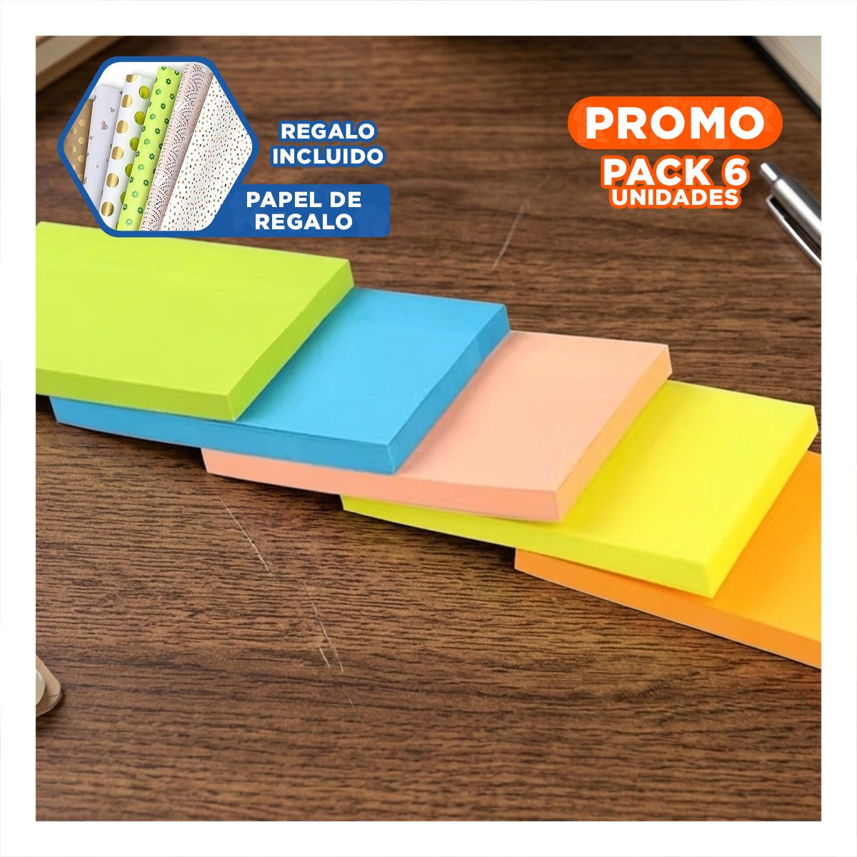 PACK6 ARTICULOS CUADRADOS ADHESIVOS 7,6CM 4 PZS MULTICOLOR Y+PAPEL REGALO - 1