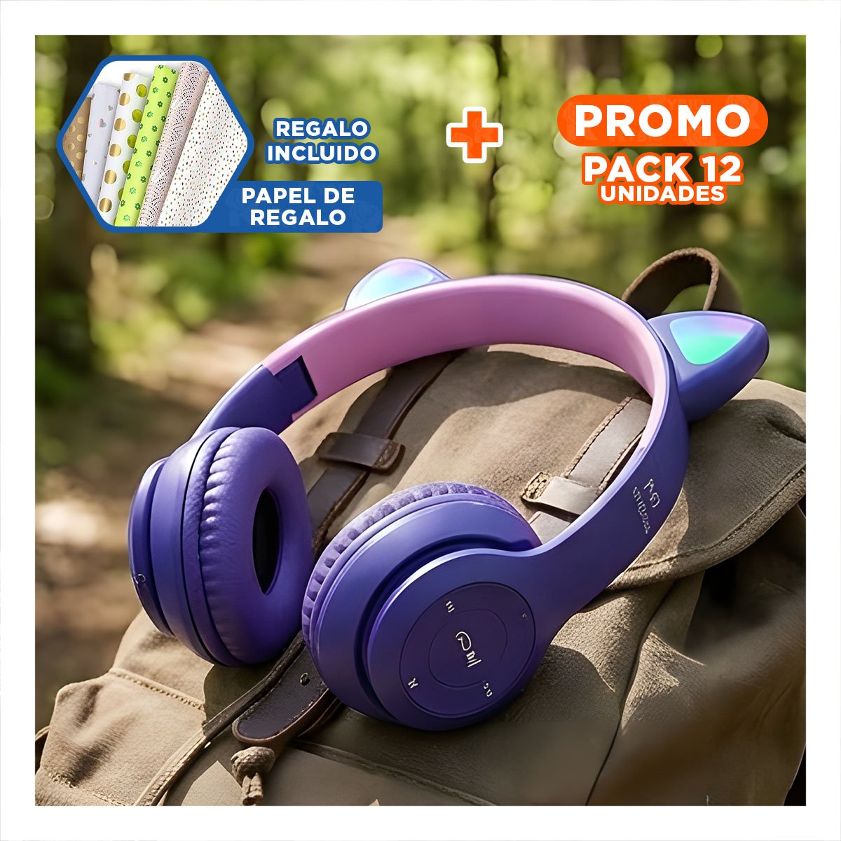PACK6 HEADSET TIPO GATO CON LUCES COLOR MORADO PARA COMPUTADORA Y ESCRITURA Y+REGALO STICKER - 1