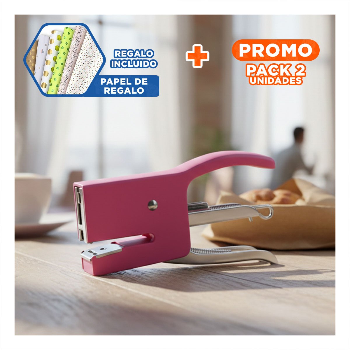 PACK2 PRACTICO MINI TIPO ALICATE ROSADO PARA 15 HOJAS OFICINA Y+PAPEL REGALO - 1