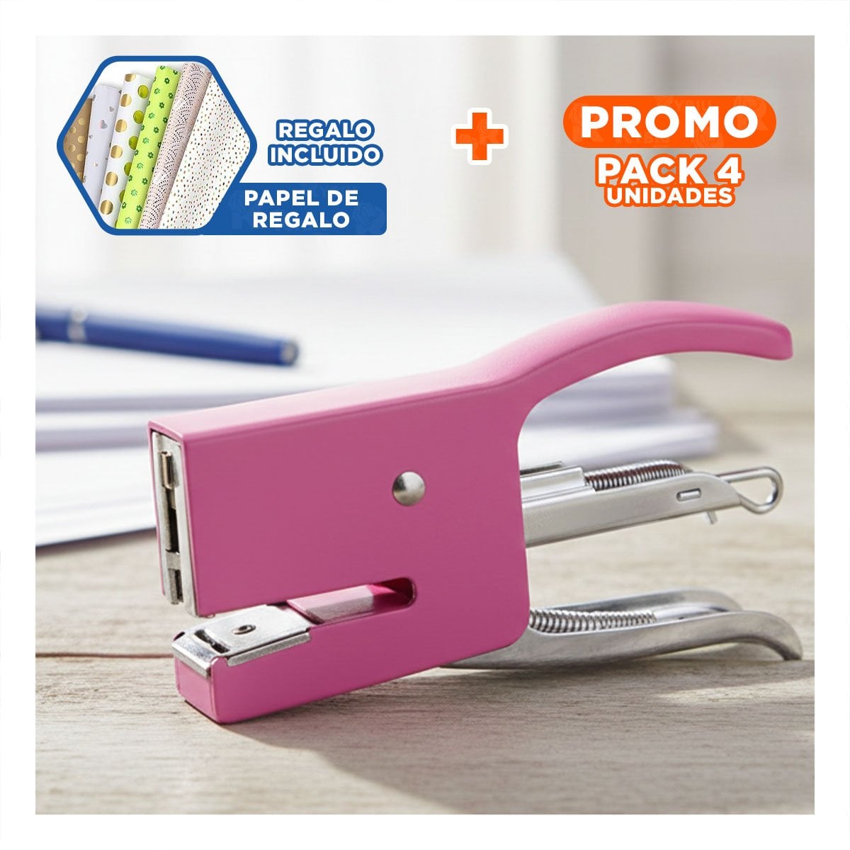 PACK4 LIGERO MINI TIPO ALICATE ROSADO PARA 15 HOJAS OFICINA Y+PAPEL REGALO - 1