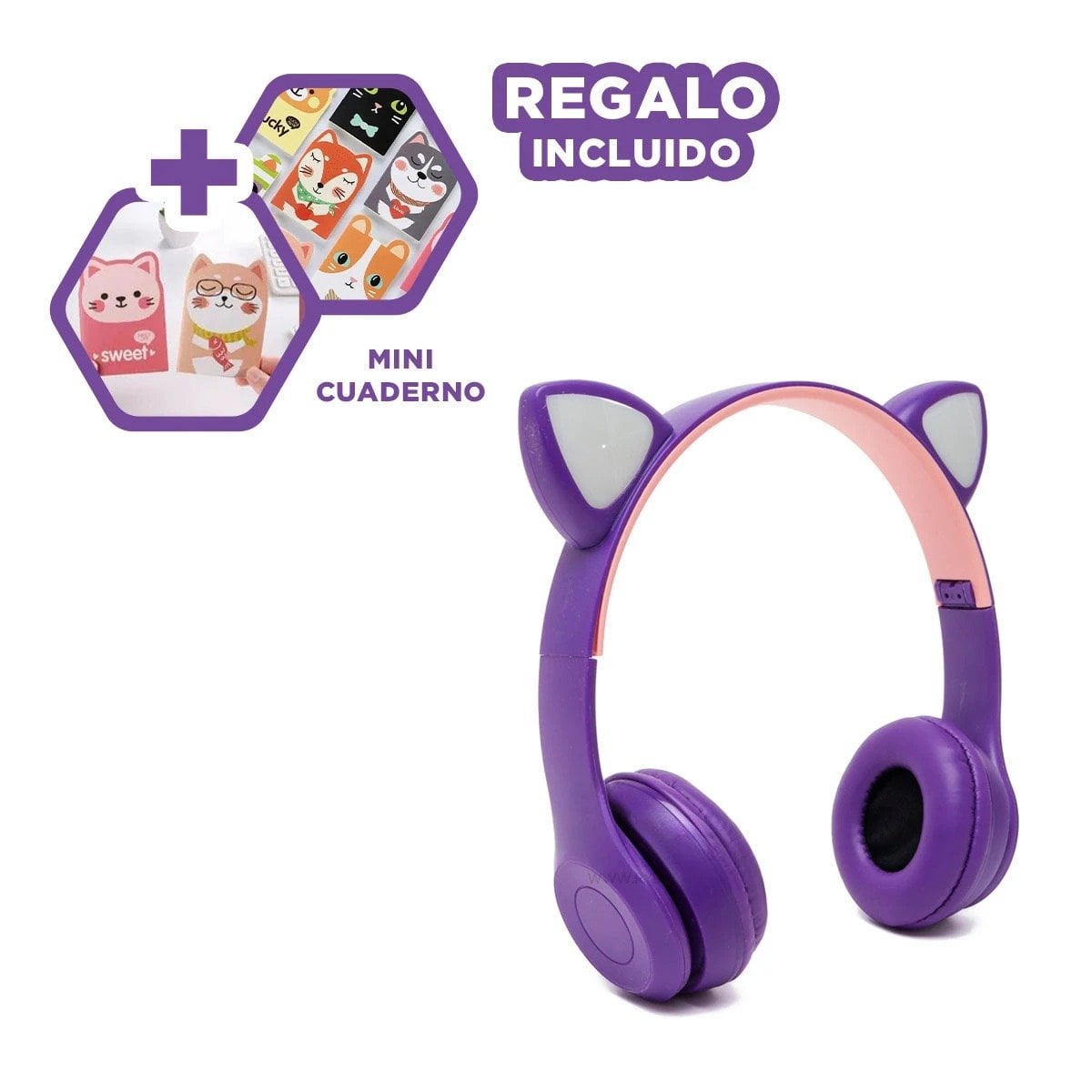 PACK2 AURICULARES TIPO GATO CON LUCES PARA OFICINA Y USO DIARIO COLOR MORADO - 1