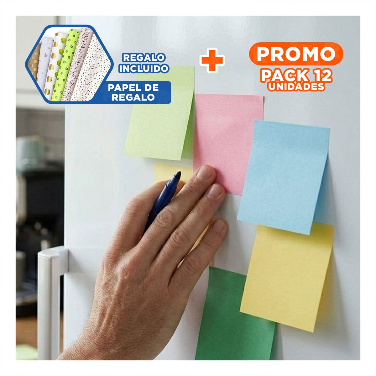 PACK12 ELEMENTOS CUADRADOS ADHESIVOS 7,6CM 4 PZS MULTICOLOR Y+PAPEL REGALO - 1