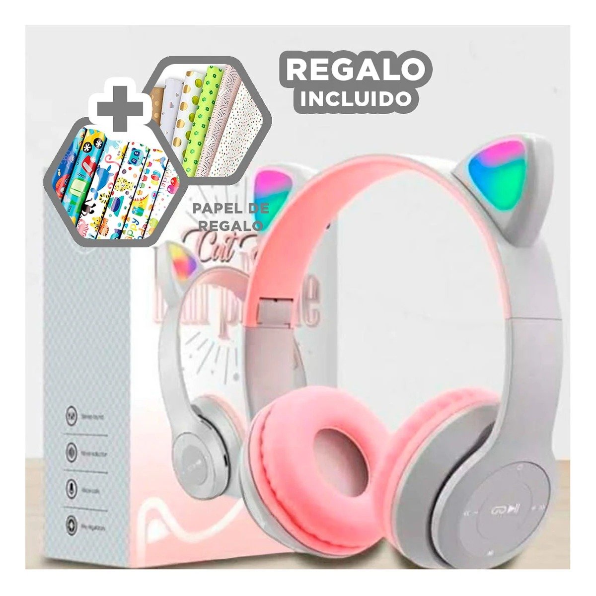 PACK6 HEADSET TIPO GATO CON LUCES COLOR PLOMO PARA COMPUTADORA Y ESCRITURA Y+REGALO STICKER - 3