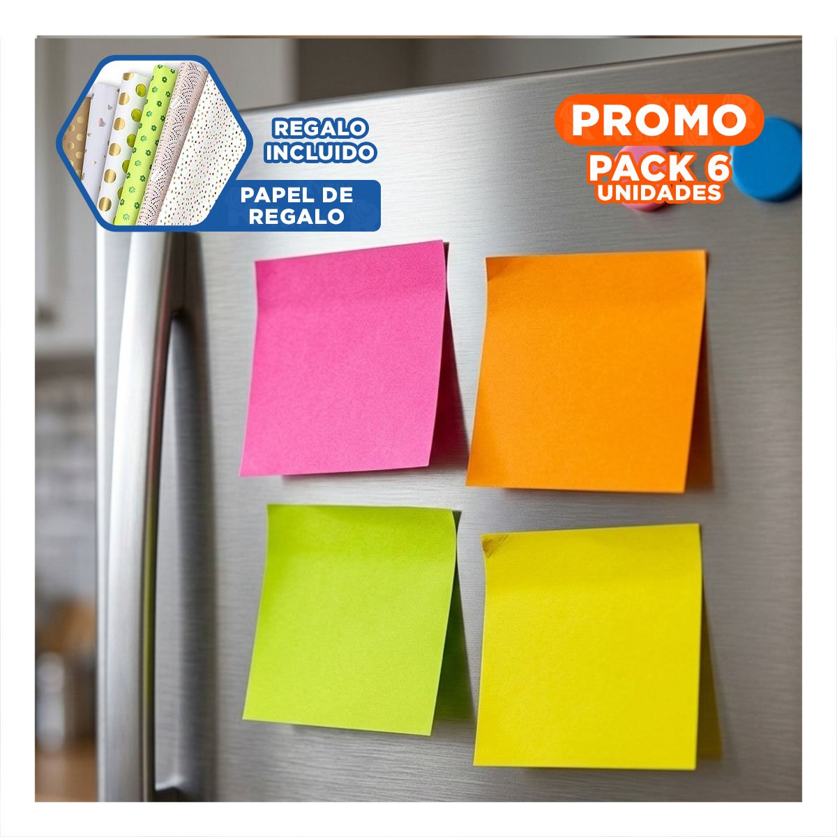 PACK6 ARTICULOS CUADRADOS ADHESIVOS 3,8CM 4 PZS MULTICOLOR Y+PAPEL REGALO - 1