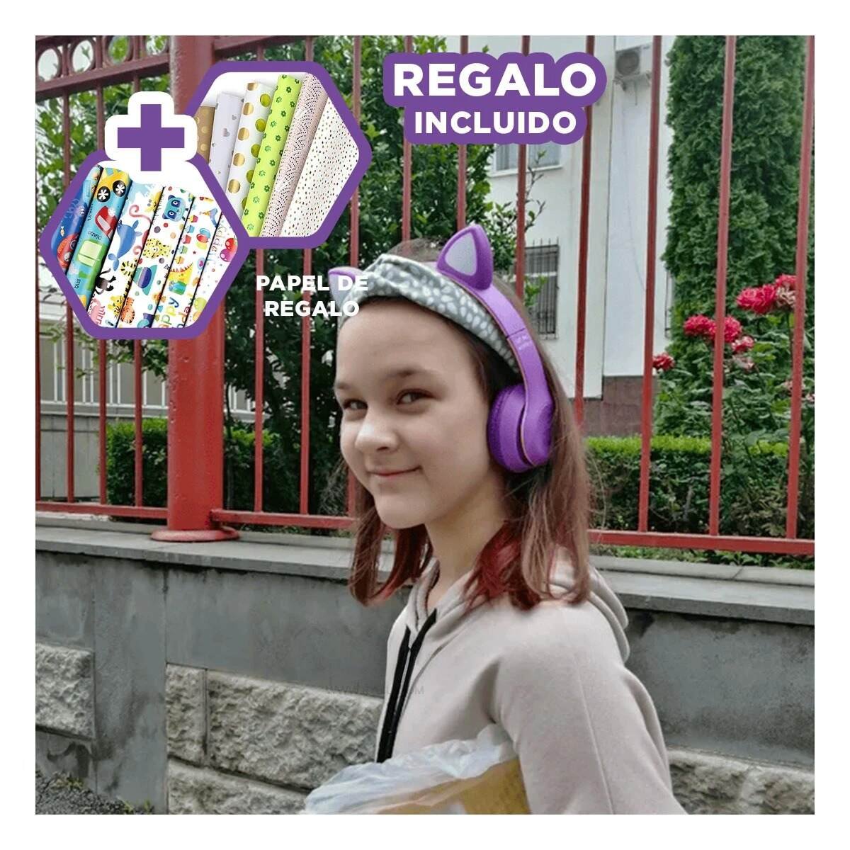 PACK12 CASCO TIPO GATO CON LUCES COLOR MORADO PARA OFICINA Y COMPUTADORA Y+REGALO STICKER - 1