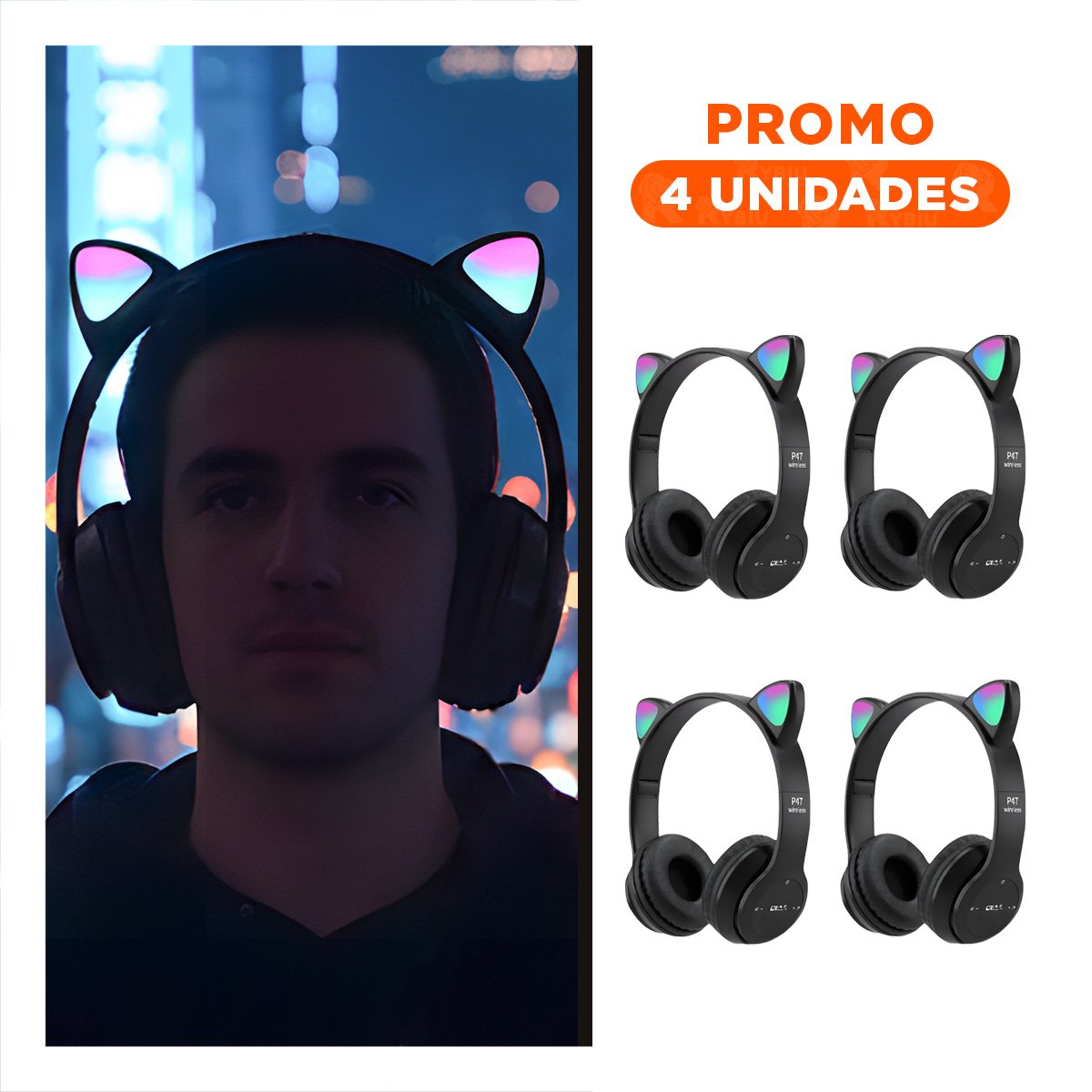 PACK4 AUDIFONOS TIPO GATO CON LUCES NEGRO PARA JUEGOS Y ESCRITURA - 1