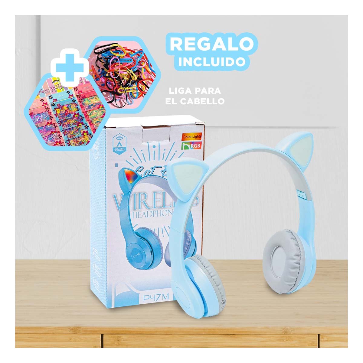 PACK12 AURICULARES TIPO GATO CON LUCES CELESTE PARA JUEGOS Y TRABAJO DIARIO Y+PAPEL REGALO - 1