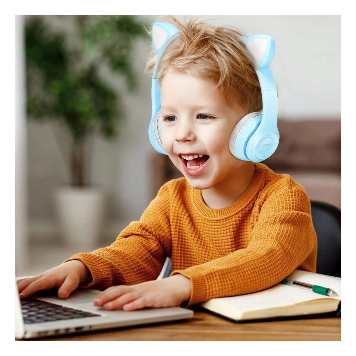 PACK12 AURICULARES TIPO GATO CON LUCES CELESTE PARA JUEGOS Y TRABAJO DIARIO Y+PAPEL REGALO - 2