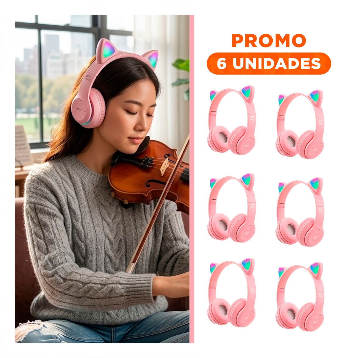 PACK6 AURICULARES TIPO GATO CON LUCES ROSADO PARA JUEGOS Y TRABAJO Y+PAPEL REGALO - 1