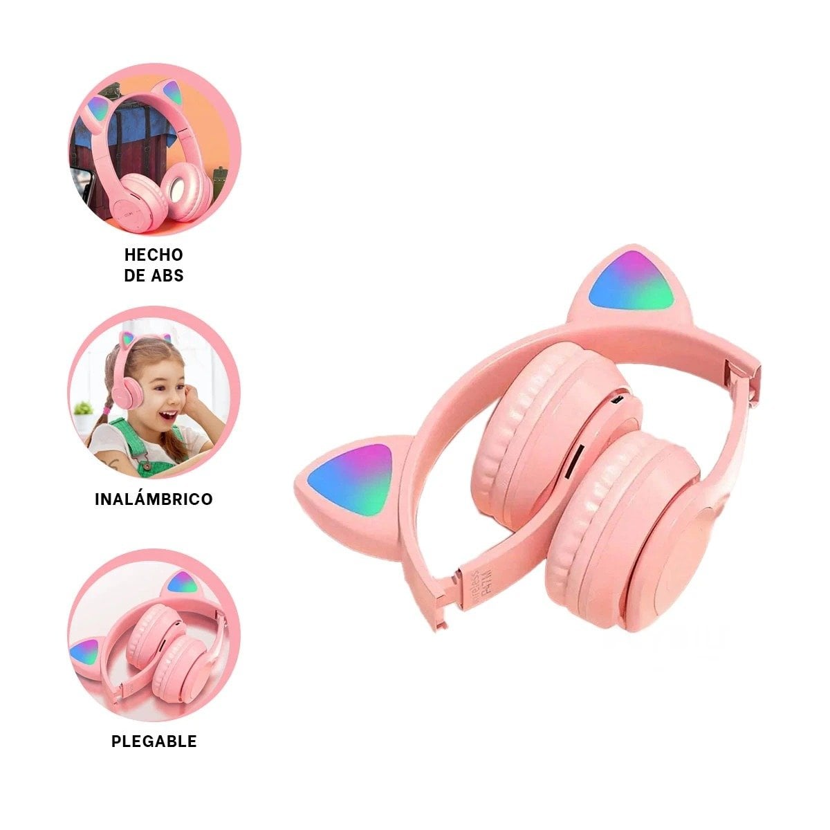 PACK6 AURICULARES TIPO GATO CON LUCES ROSADO PARA JUEGOS Y TRABAJO Y+PAPEL REGALO - 3