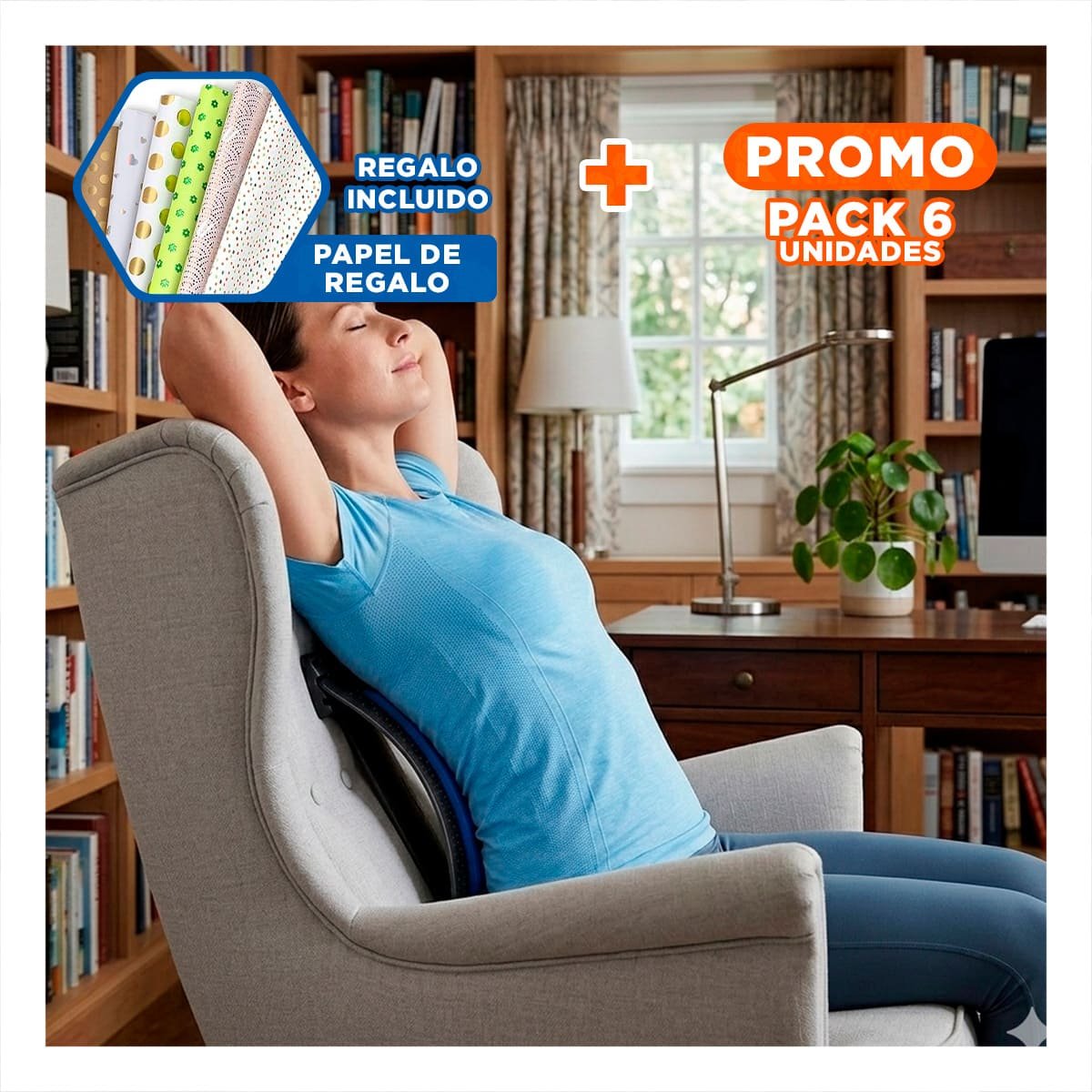 PACK6 SOPORTE PORTATIL LUMBAR AZUL PARA MASAJE Y+PAPEL REGALO - 1