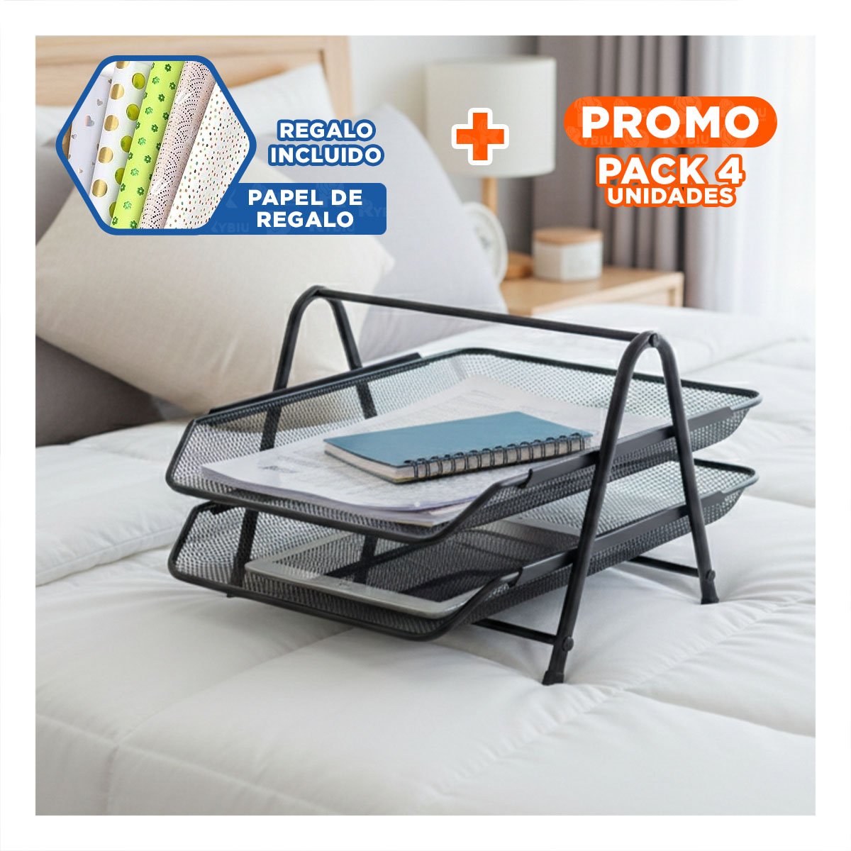 PACK4 OFICINA DOCUMENTOS 2 NIVELES NEGRO PARA ESCRITORIO Y+PAPEL REGALO - 1
