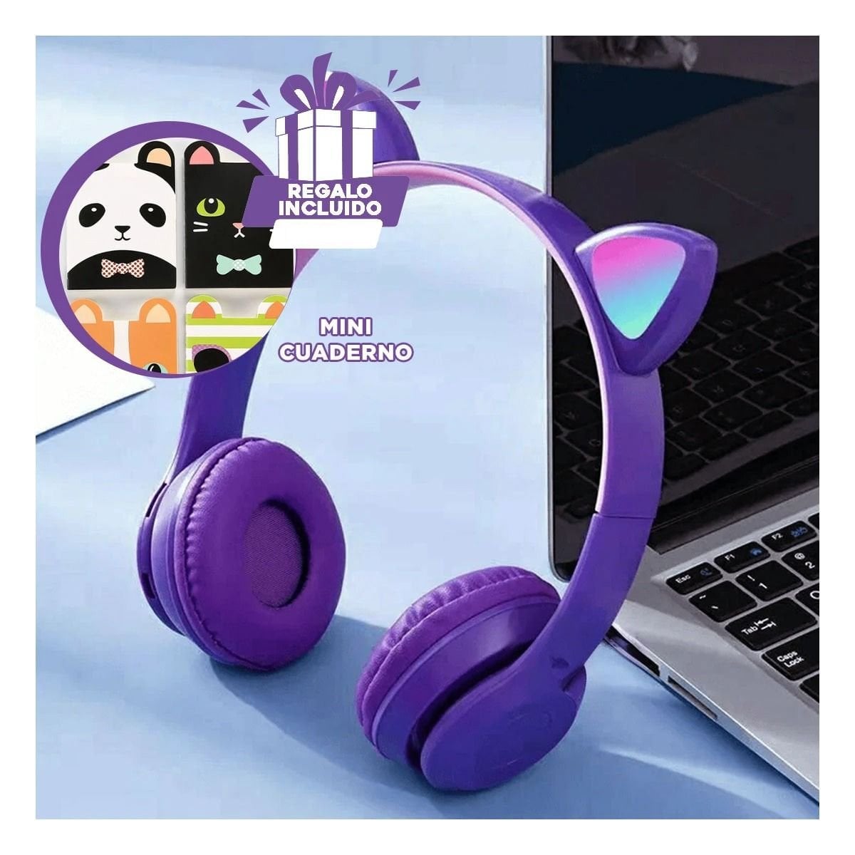 PACK12 AURICULARES TIPO GATO CON LUCES COLOR MORADO PARA JUEGOS Y TRABAJO DIARIO Y+PAPEL REGALO - 1