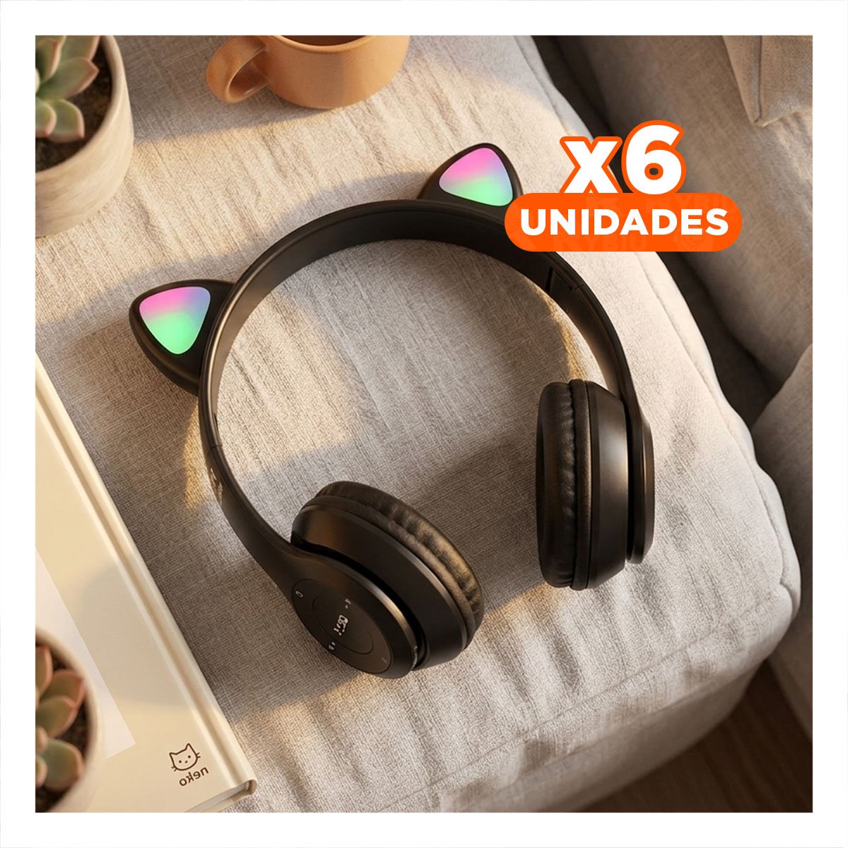 PACK6 HEADSET TIPO GATO CON LUCES COLOR NEGRO PARA COMPUTADORA Y ESCRITURA Y+REGALO STICKER - 1