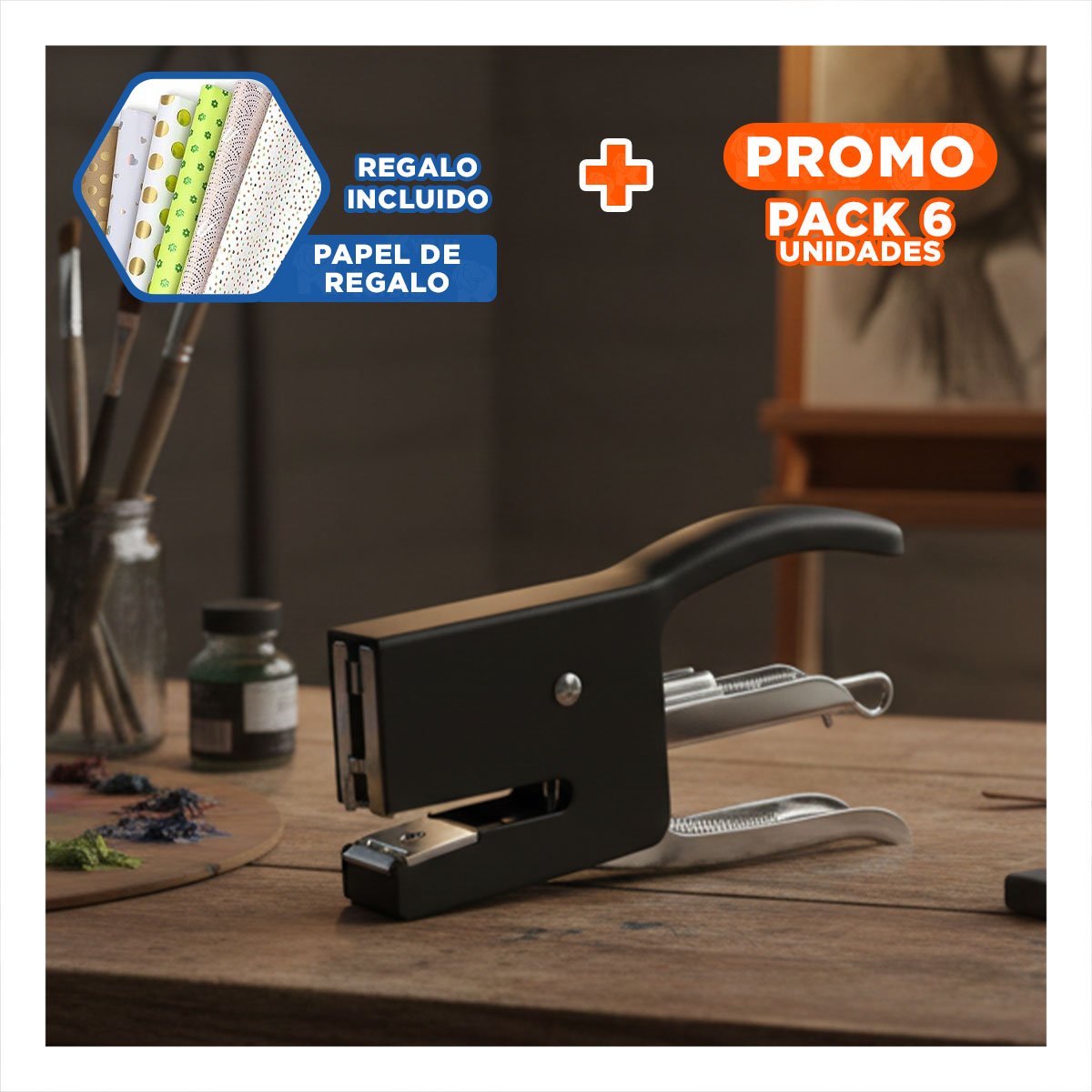 PACK6 OFICINA MINI TIPO ALICATE NEGRO PARA 15 HOJAS USO DIARIO Y+PAPEL REGALO - 1