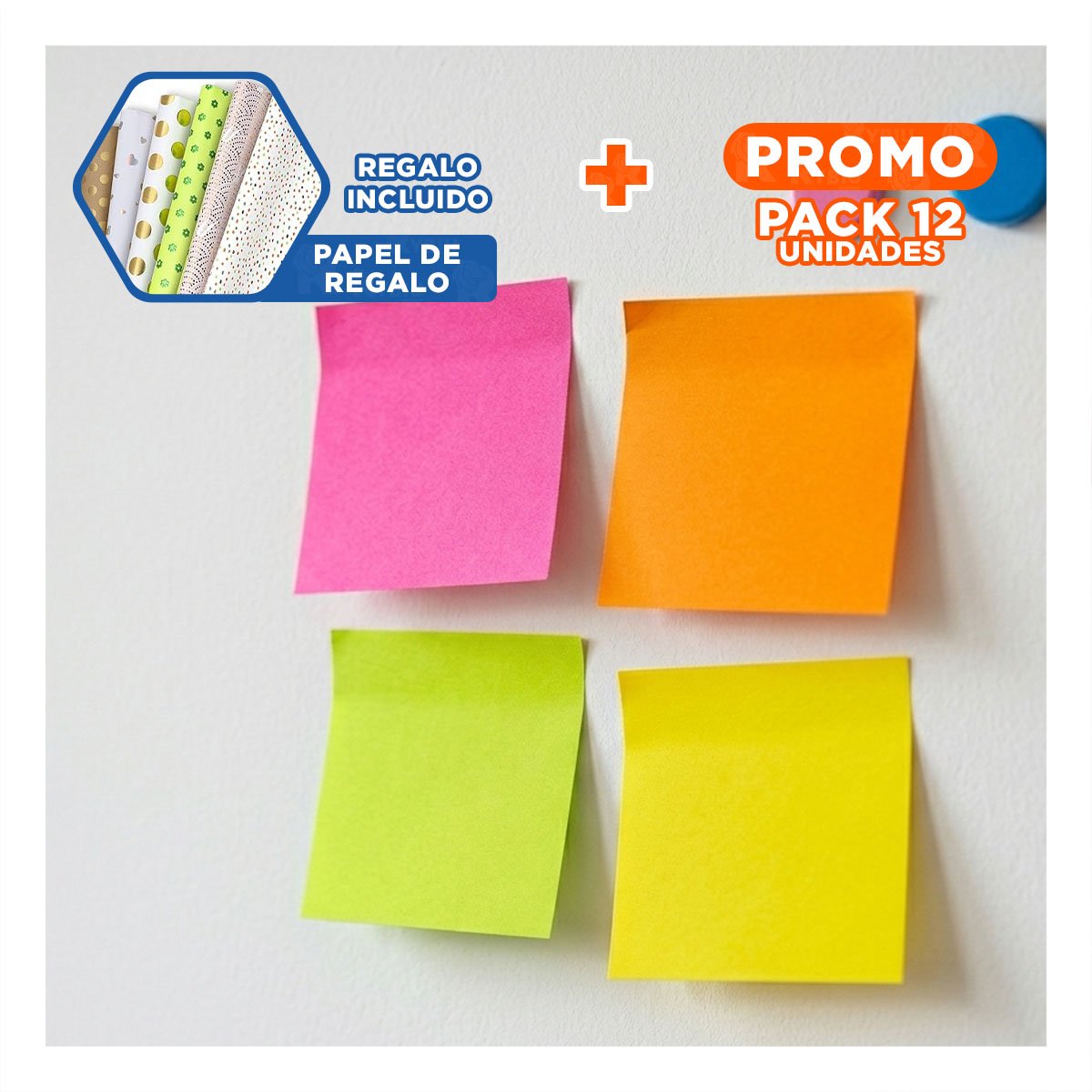 PACK12 ELEMENTOS CUADRADOS ADHESIVOS 3,8CM 4 PZS MULTICOLOR Y+PAPEL REGALO - 1