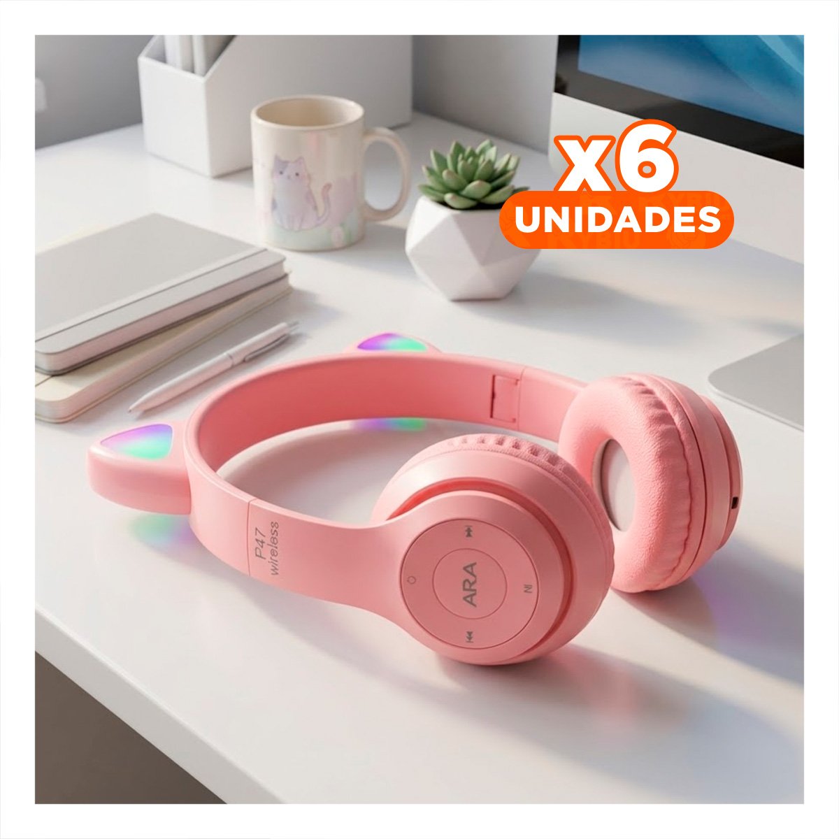 PACK6 AUDIFONOS TIPO GATO CON LUCES COLOR ROSADO PARA COMPUTADORA Y OFICINA - 1