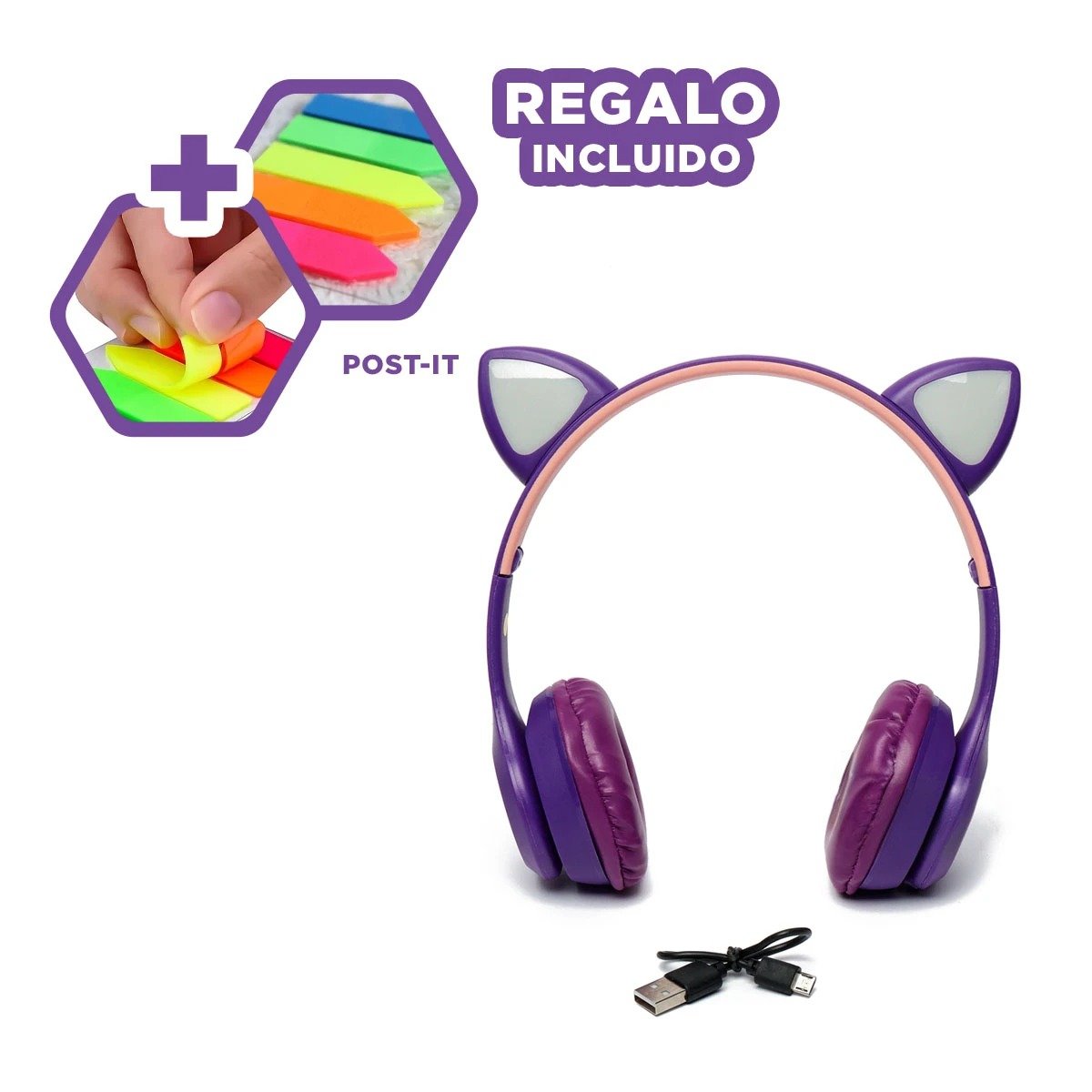 PACK2 HEADSET TIPO GATO CON LUCES MORADO PARA COMPUTADORA Y JUEGOS Y+PAPEL REGALO - 1