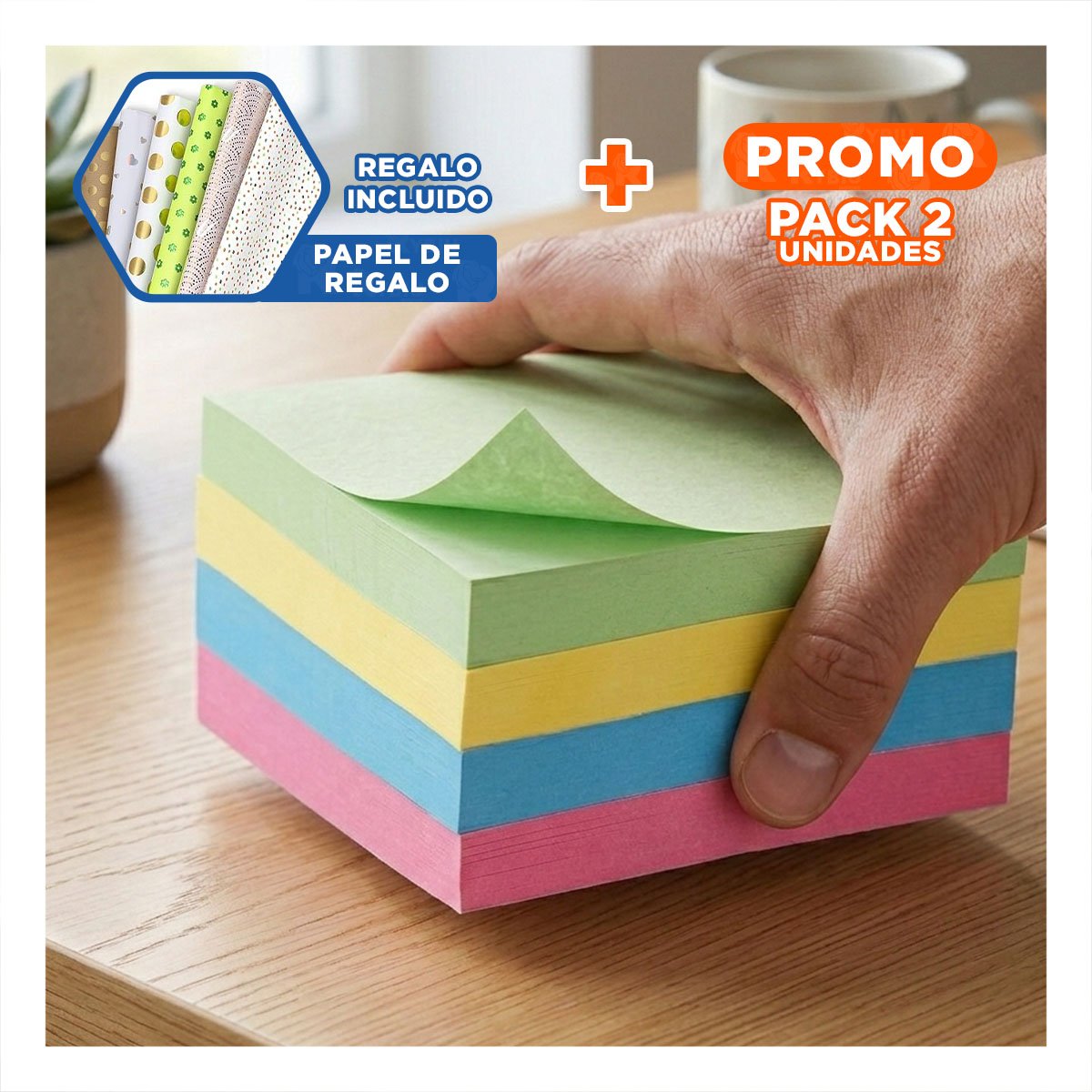 PACK2 CUADRADOS ADHESIVOS 7,6CM 4 PZS MULTICOLOR OFICINA Y+PAPEL REGALO - 1