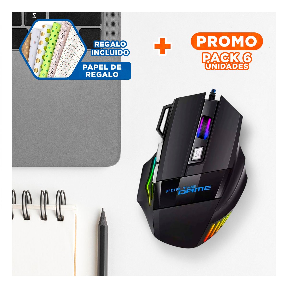 PACK6 APUNTADOR GAMER PARA PC COLOR NEGRO MOVIMIENTO NATURAL Y+PAPEL REGALO - 1