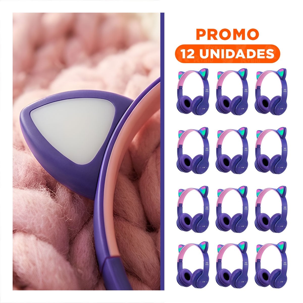 PACK6 AURICULARES TIPO GATO CON LUCES MORADO PARA JUEGOS Y TRABAJO Y+PAPEL REGALO - 1